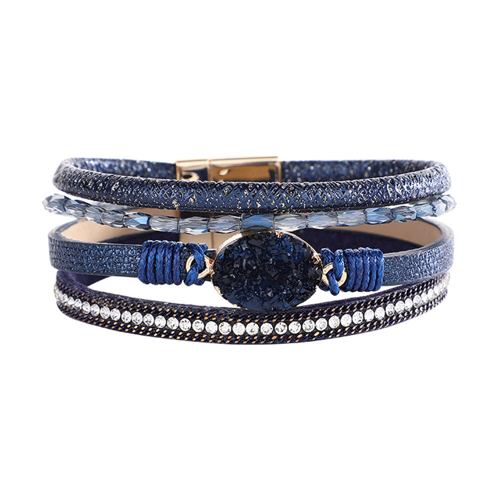 Crystal embellished diamond braided leather bracelet with magnetic clasp ACC-BT-Hongx002