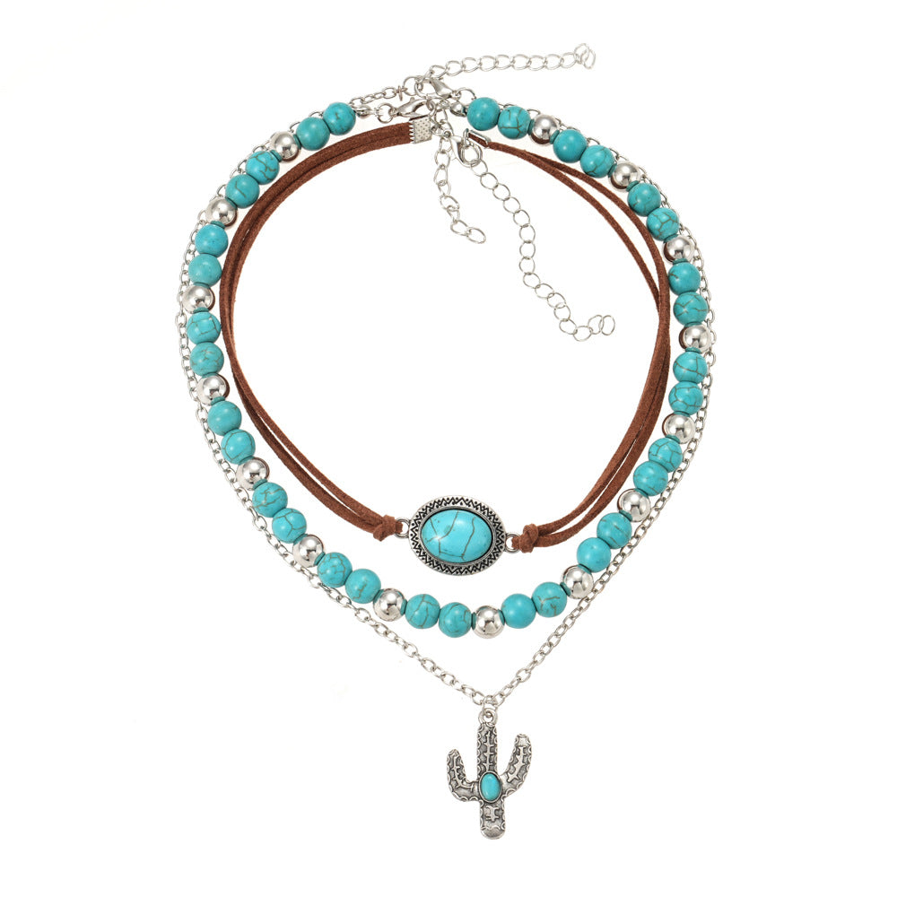 Wholesale Women' s Alloy Cactus Pendant Imitation Turquoise Necklace Set Retro