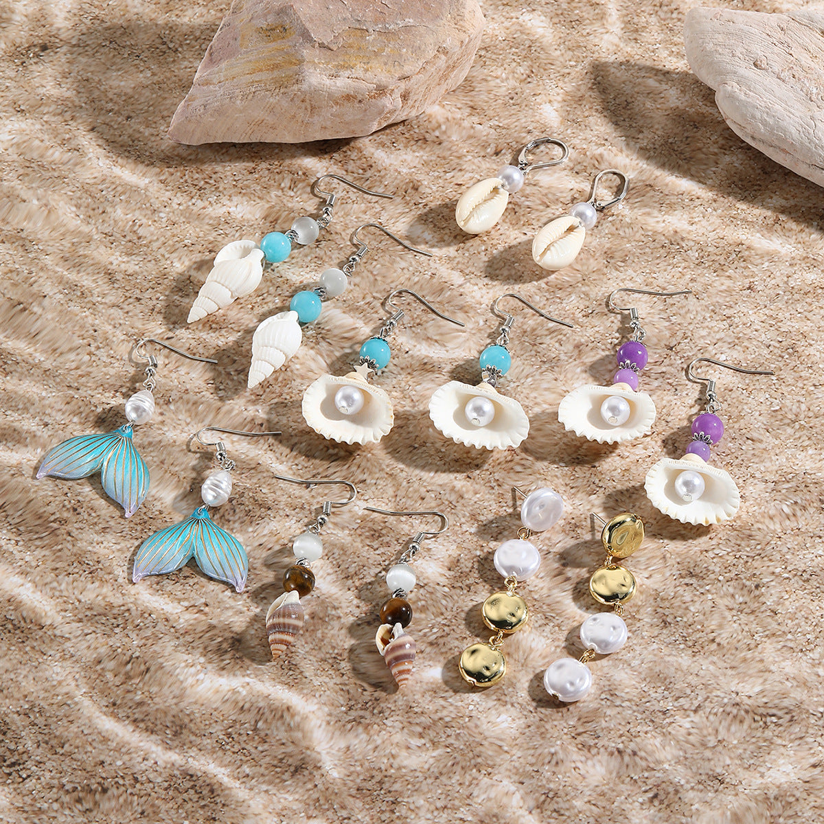 Wholesale Ocean Style Earrings Natural Stone Earrings Set Pearl Shell Earrings ACC-ES-ManYi003