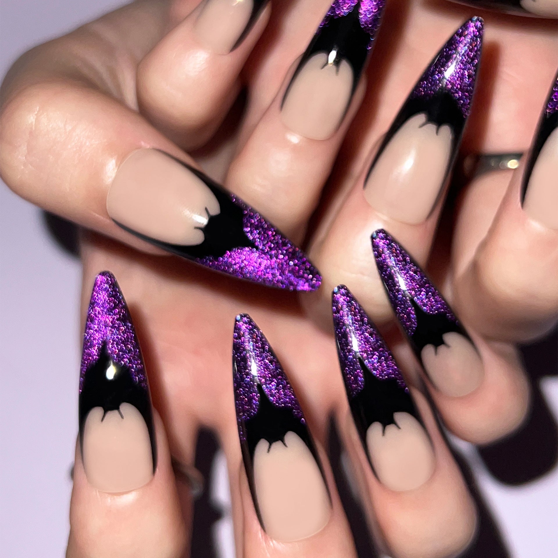 Wholesale 24 Pieces/box Halloween Purple Bat Wearable Press-on Nails Kits ACC-NS-LeFan012