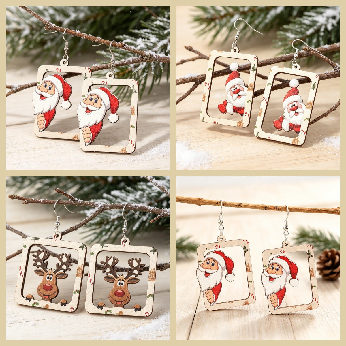Wholesale Christmas Wooden Earrings Hollow Square Frame Santa Reindeer Print Party Jewelry Accessory