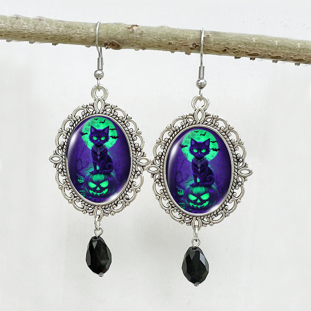 Wholesale Halloween Stainless Steel Ear Hook Oval Lace Pumpkin Black Cat Moon Metal Earrings ACCVIP-ES-XiangLian005