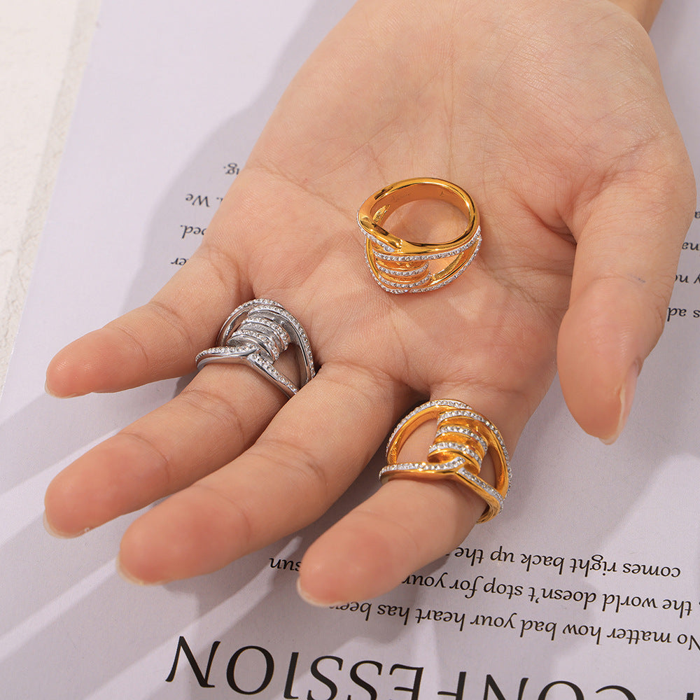 Wholesale geometric double splicing ring titanium steel plated 18k gold inlaid full diamond ring