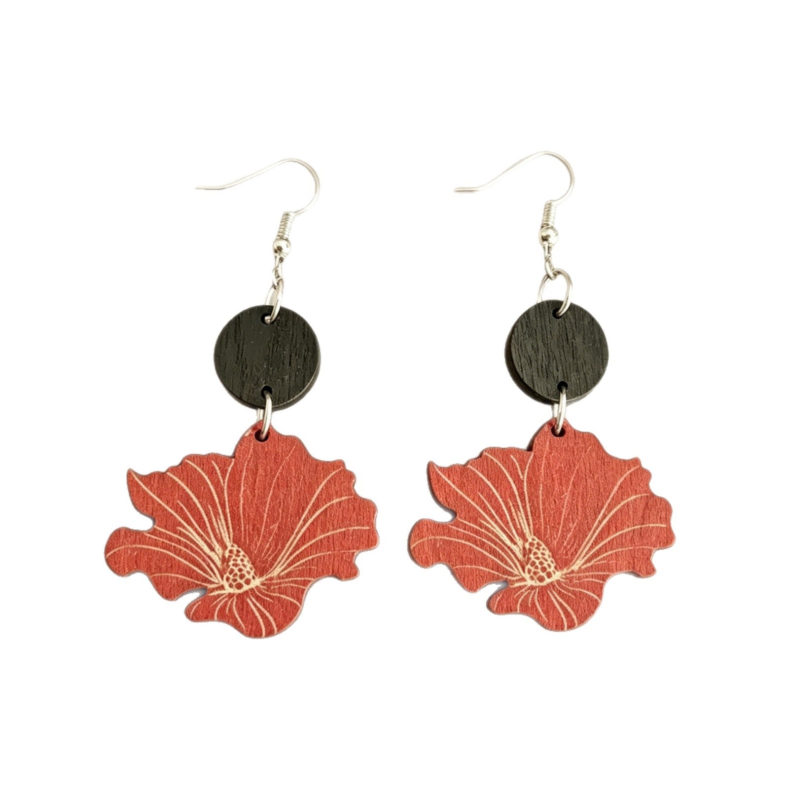 Wholesale Wooden Retro Floral Print Earrings with Hibiscus Pendants - Fashion Accessory for Resale