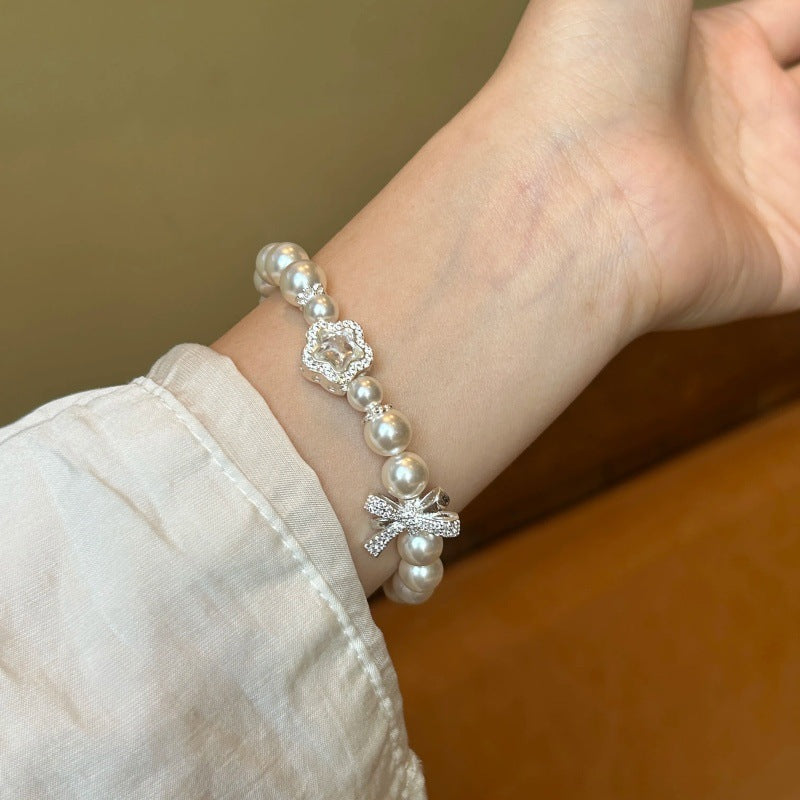 Wholesale French-Style Butterfly Pentagram Beaded Bracelet with Faux Pearls and Diamond Accents,  Fashion Accessory for Everyday Wear