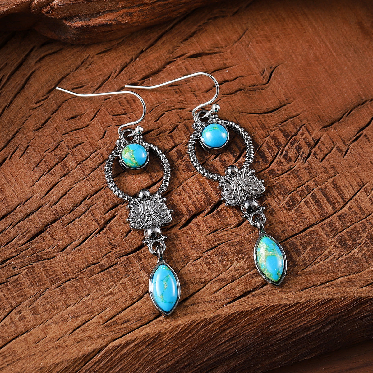 Wholesale European and American Fashion Retro Turquoise Geometric Pendant Earrings Women' s Exquisite and Elegant Versatile Elegant Ear Jewelry