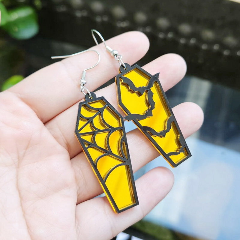 Wholesale Acrylic Gothic Bat Earrings Retro  Web Coffin Design Green Mirror Finish Fashion Accessory For Resale