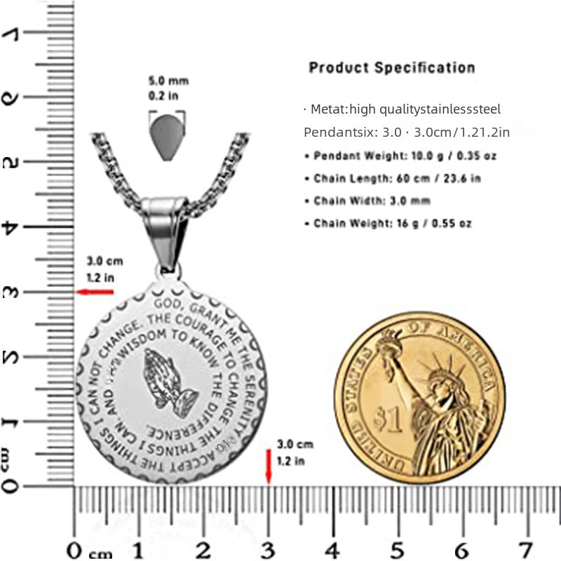 Wholesale  List Prayer Coin Prayer Necklace Stainless Steel Pendant Snake Bone Chain