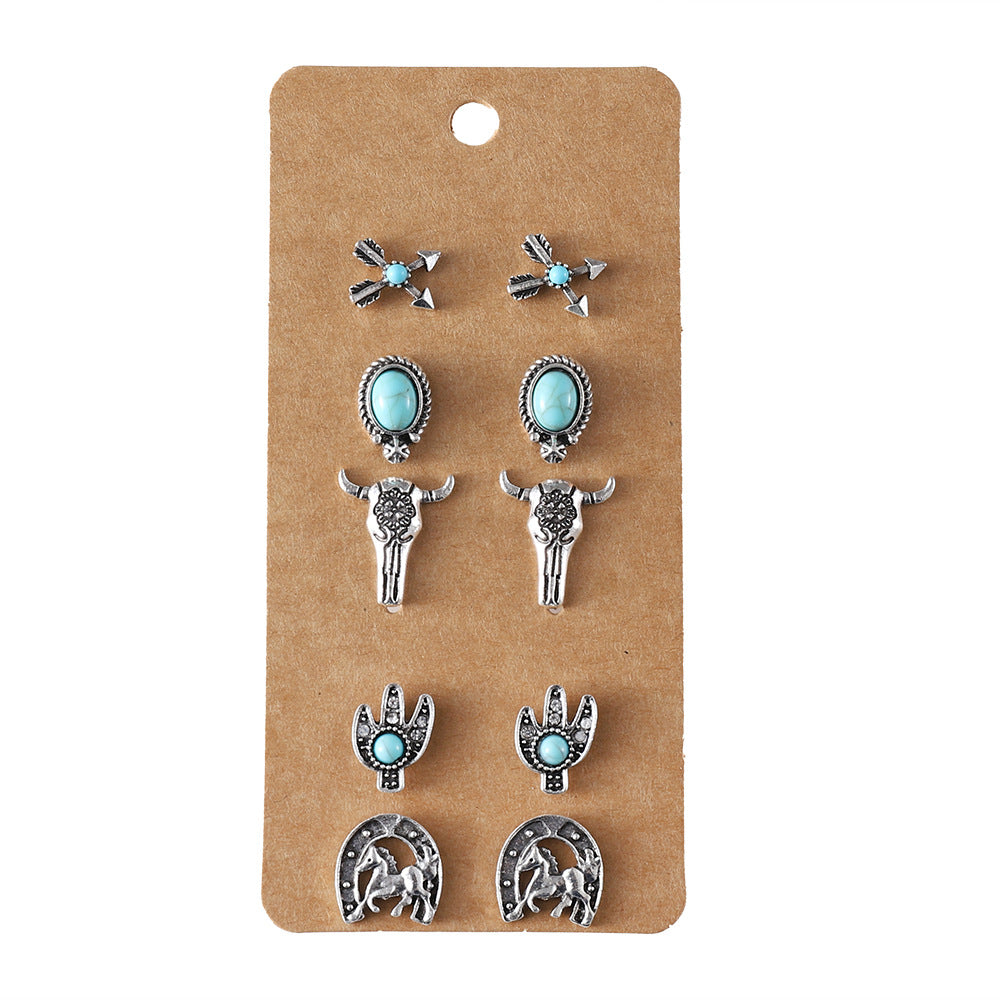 Wholesale Cute turquoise earrings set round bead flower cat claw earrings