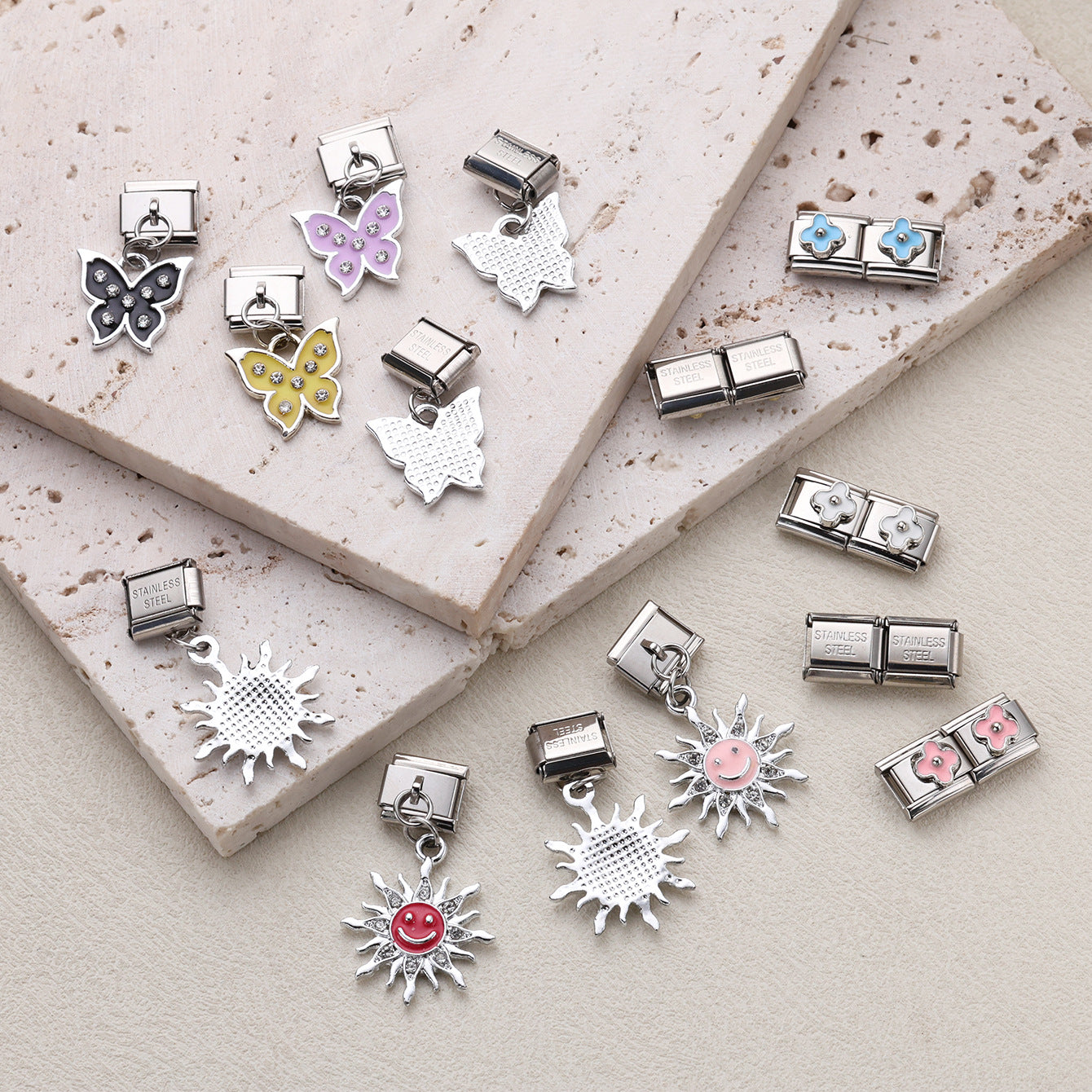 Wholesale 10pcs Italian Charm Bracelet 9mm DIY Splicing Oil Drop Butterfly Sunflower Stainless Steel Composable Bracelet