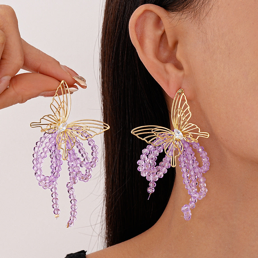 Wholesale Zirconia Crystal Butterfly Tassel Silver Needle Earrings