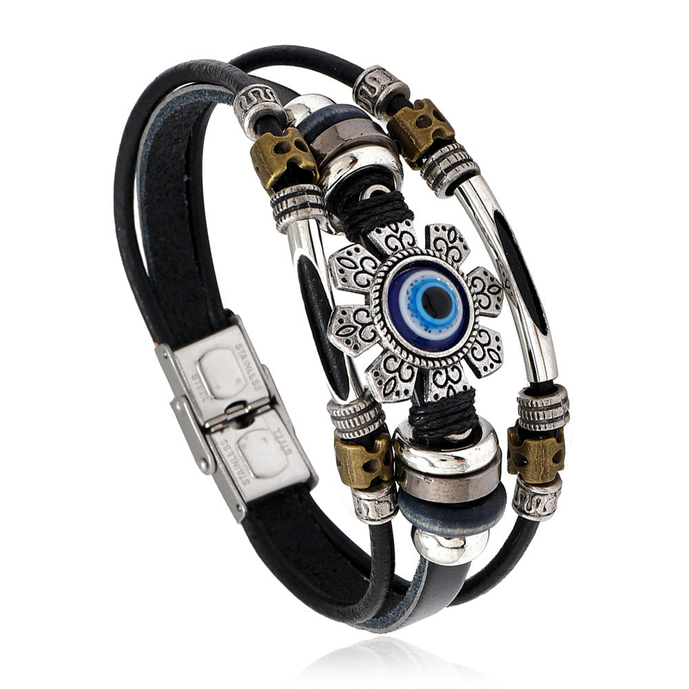 Wholesale Stylish Men S Evil Eye Leather Bracelet Titanium Steel Buckle Fashion Jewelry Accessory