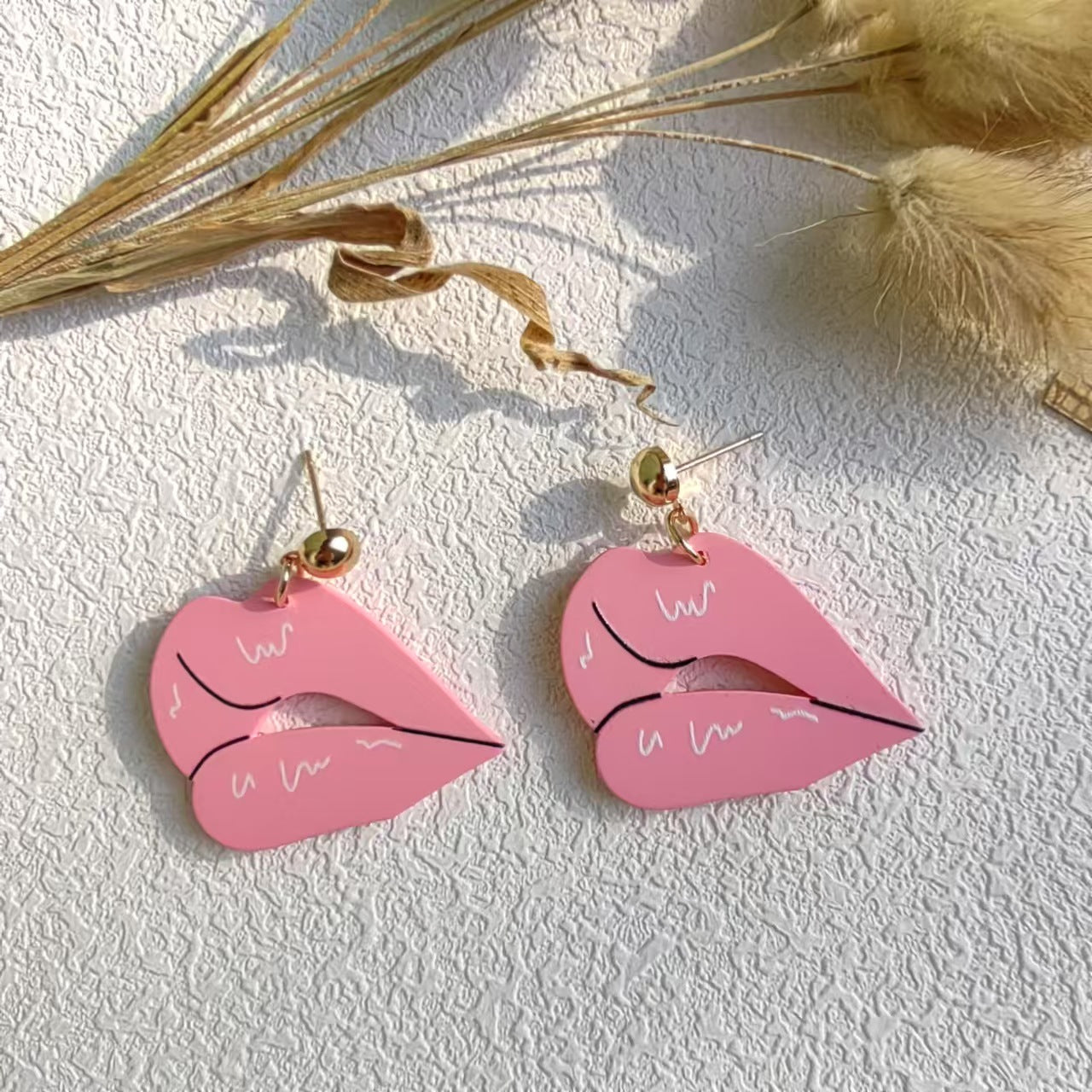 Wholesale Acrylic Valentine's Day Hand Paint Love Lips Feather Cute  Ear Drop Earrings
