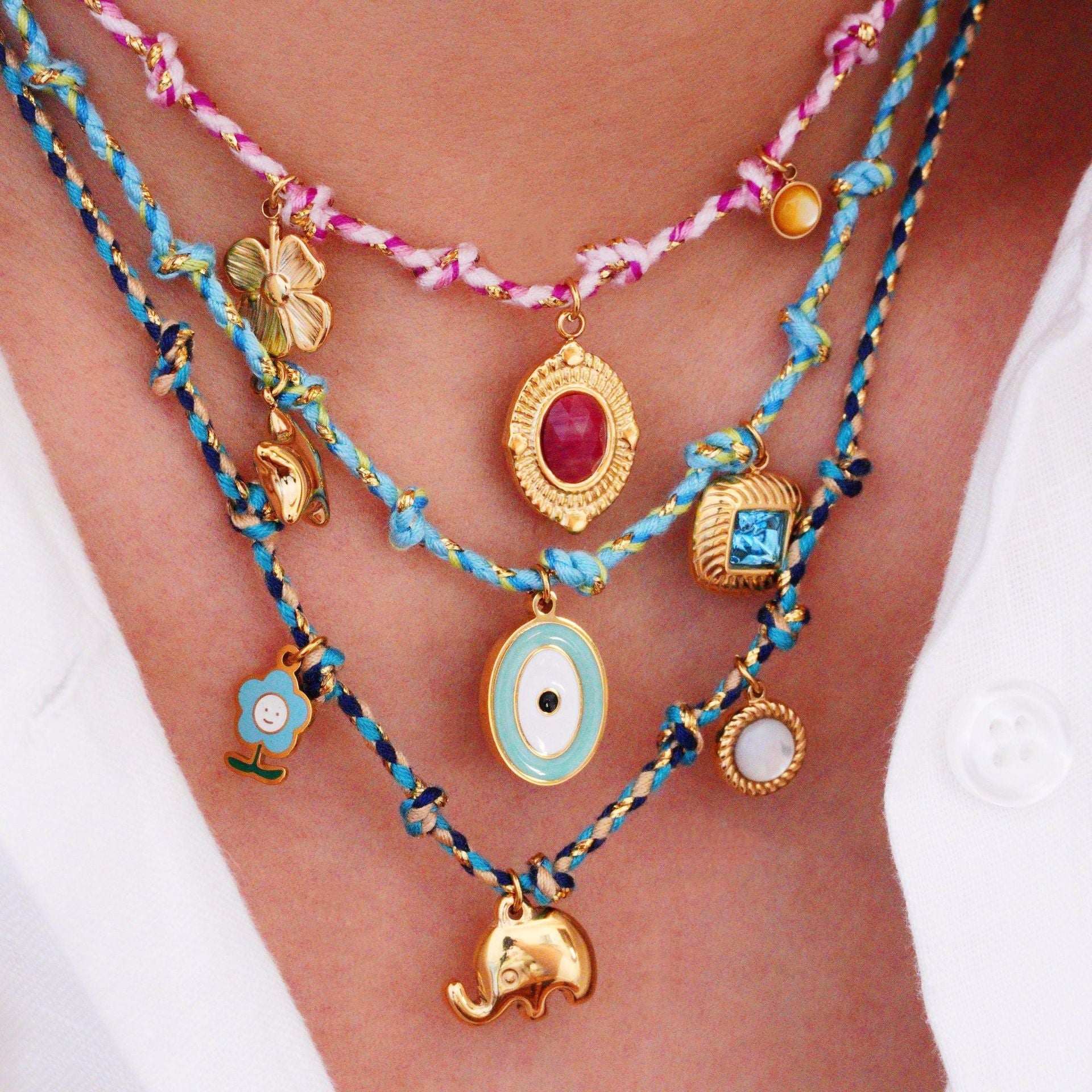 Wholesale Handmade Colorful Rope-Braided Titanium Steel Necklace with Multi-Pendant and Natural Stone,  Boutique Resale Jewelry Accessory