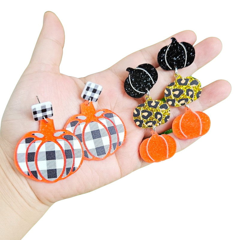 Wholesale Acrylic Plaid Leopard Pumpkin Earrings Fashion Jewelry Accessory for Autumn