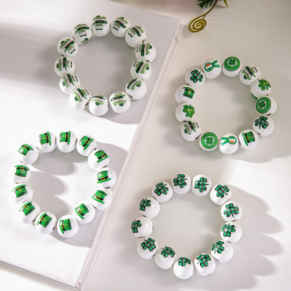 Wholesale St Patrick's Day White background wooden beads bracelet