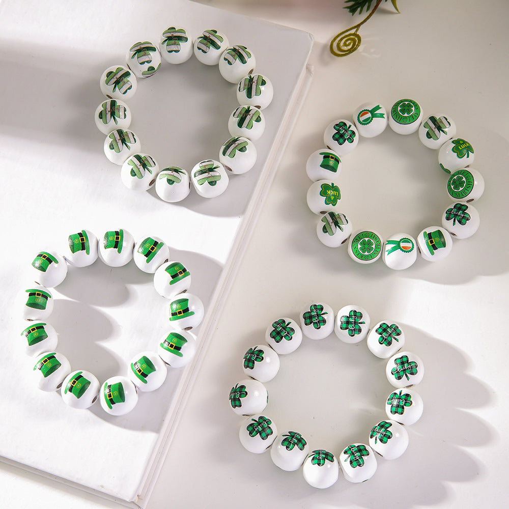 Wholesale St Patrick's Day White background wooden beads bracelet