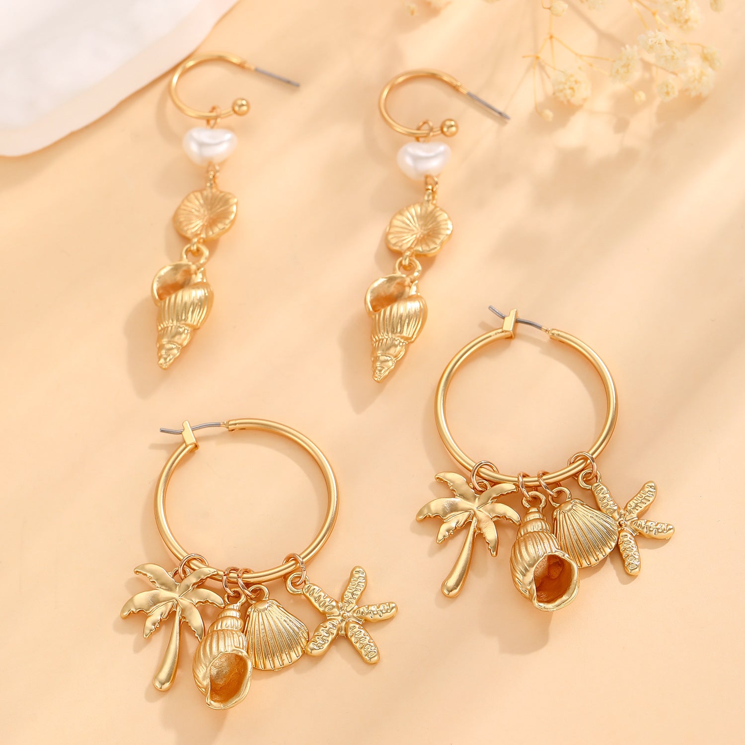 Wholesale Gold Tone Ocean Pearl Conch Starfish Earrings For Women Beach Vacation Fashion Jewelry Gift