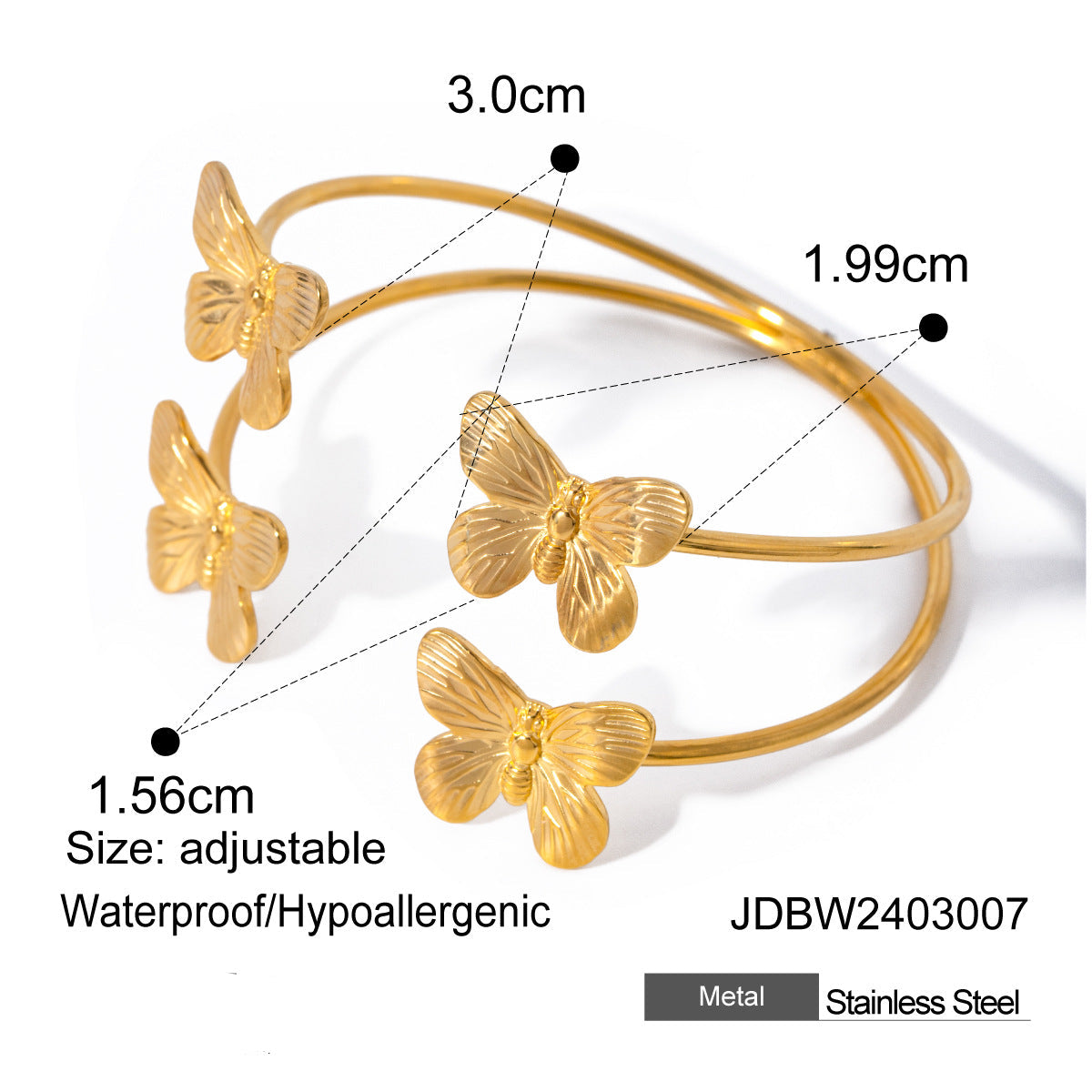 Wholesale Stainless Steel Butterfly 18k Gold Open Bracelet