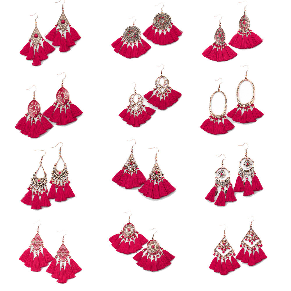 Wholesale Chinese Style Red Tassel Earrings Retro Medieval Festive Jewelry Accessory