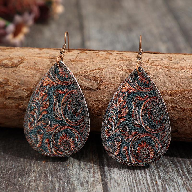 Wholesale Ethnic style water drop pattern PU leather earrings