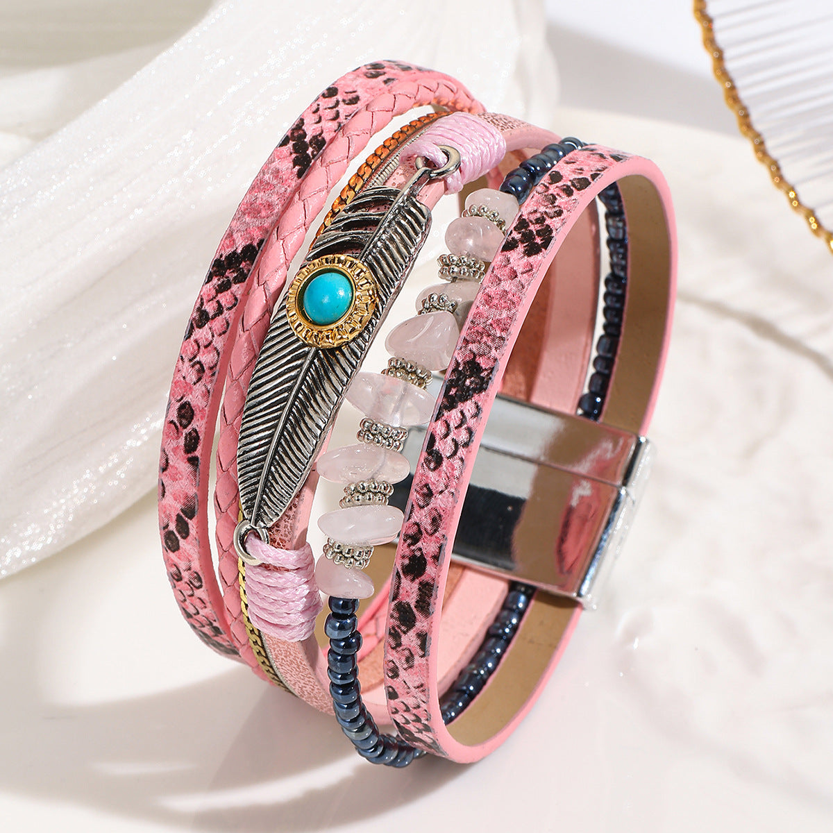 Wholesale Unisex Bohemian Faux Leather Feather Magnetic Bracelet Business Gift Jewelry Accessory