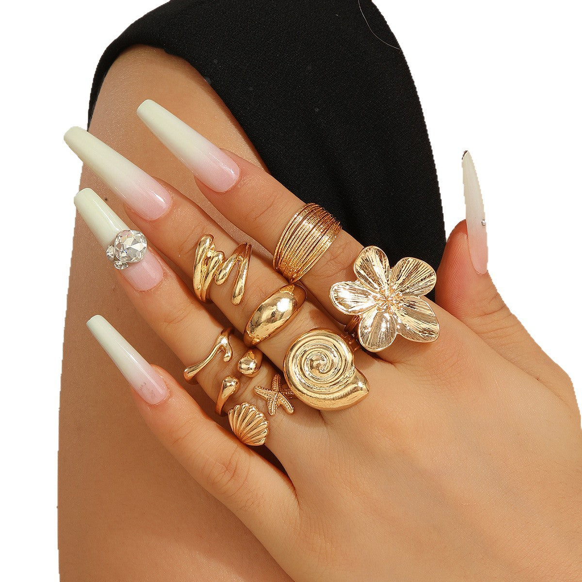 Wholesale 8Pc Gold Floral Women S Rings Set French Chic Zinc Alloy Fashion Jewelry