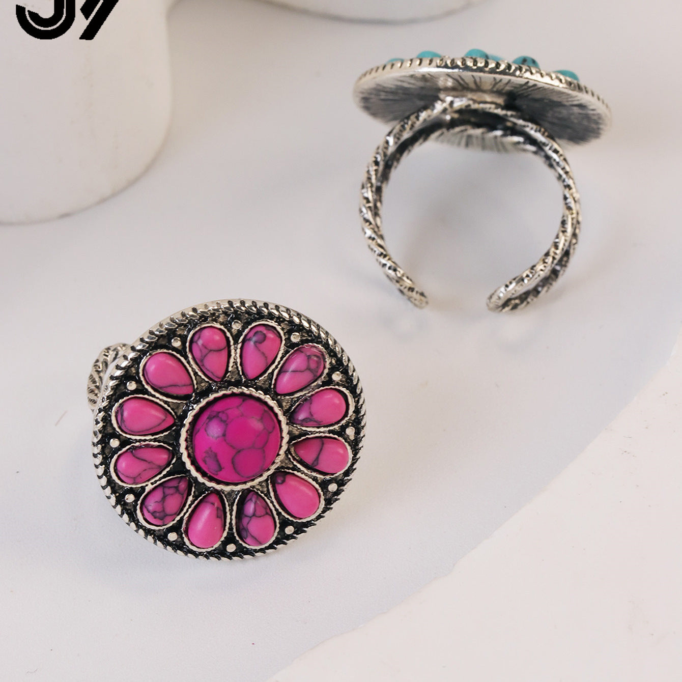 Wholesale Zinc Alloy Inlay Flower Ring Set Retro Ethnic Style Fashion Accessory for Women Gift