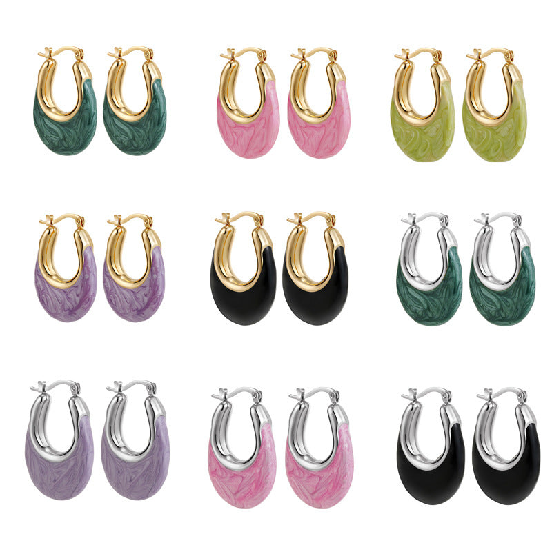 Wholesale  Stainless Steel Oil Drop Color Enamel U-shaped Earrings