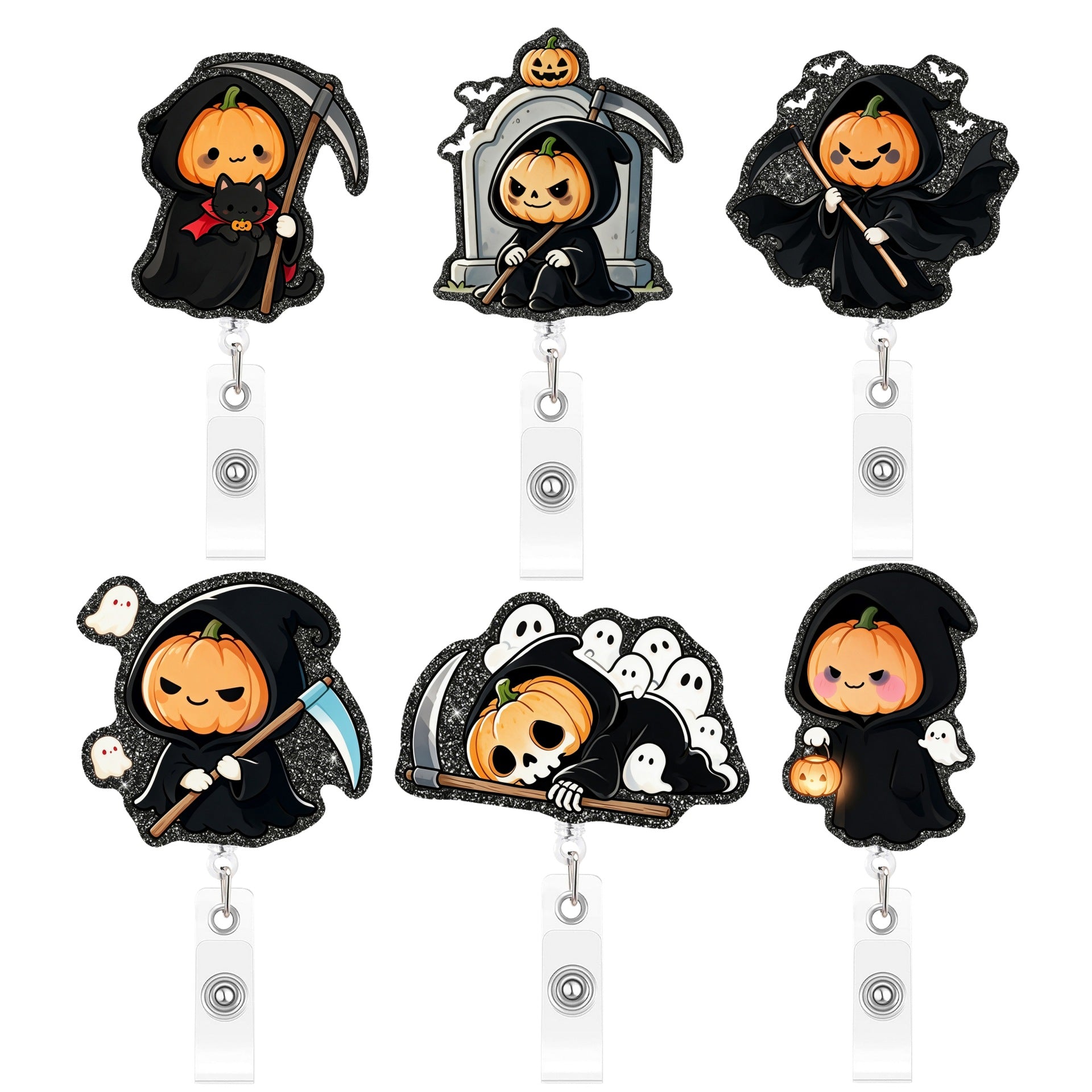 Wholesale  Glitter Acrylic Retractable ID Badge Holder Pumpkin Ghost Design Decorative Gift Accessory