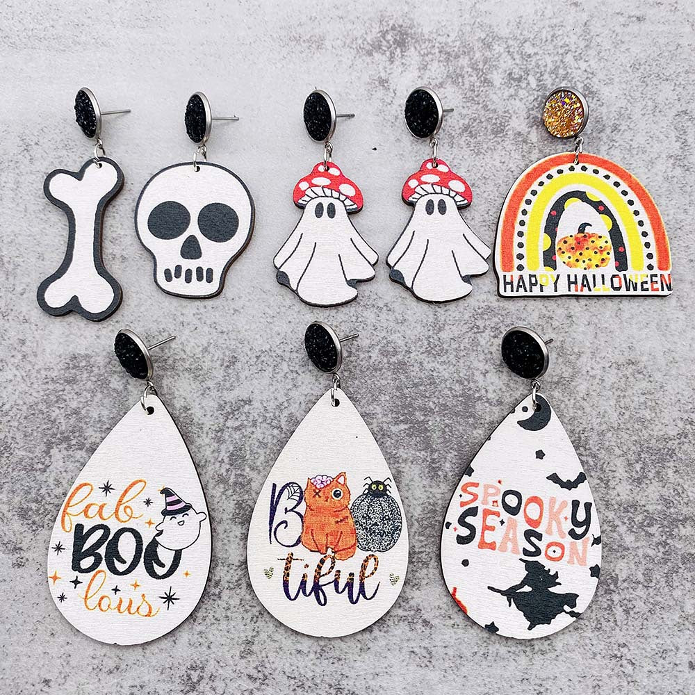 Wholesale Halloween Pumpkin Forest Skull Spider Web Wood Earrings ACC-ES-ChenY081