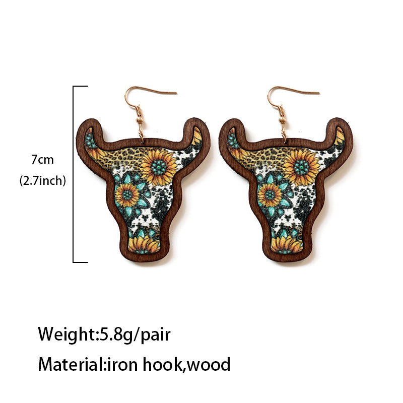Wholesale Western retro wooden  cow head inlaid bohemian style earrings