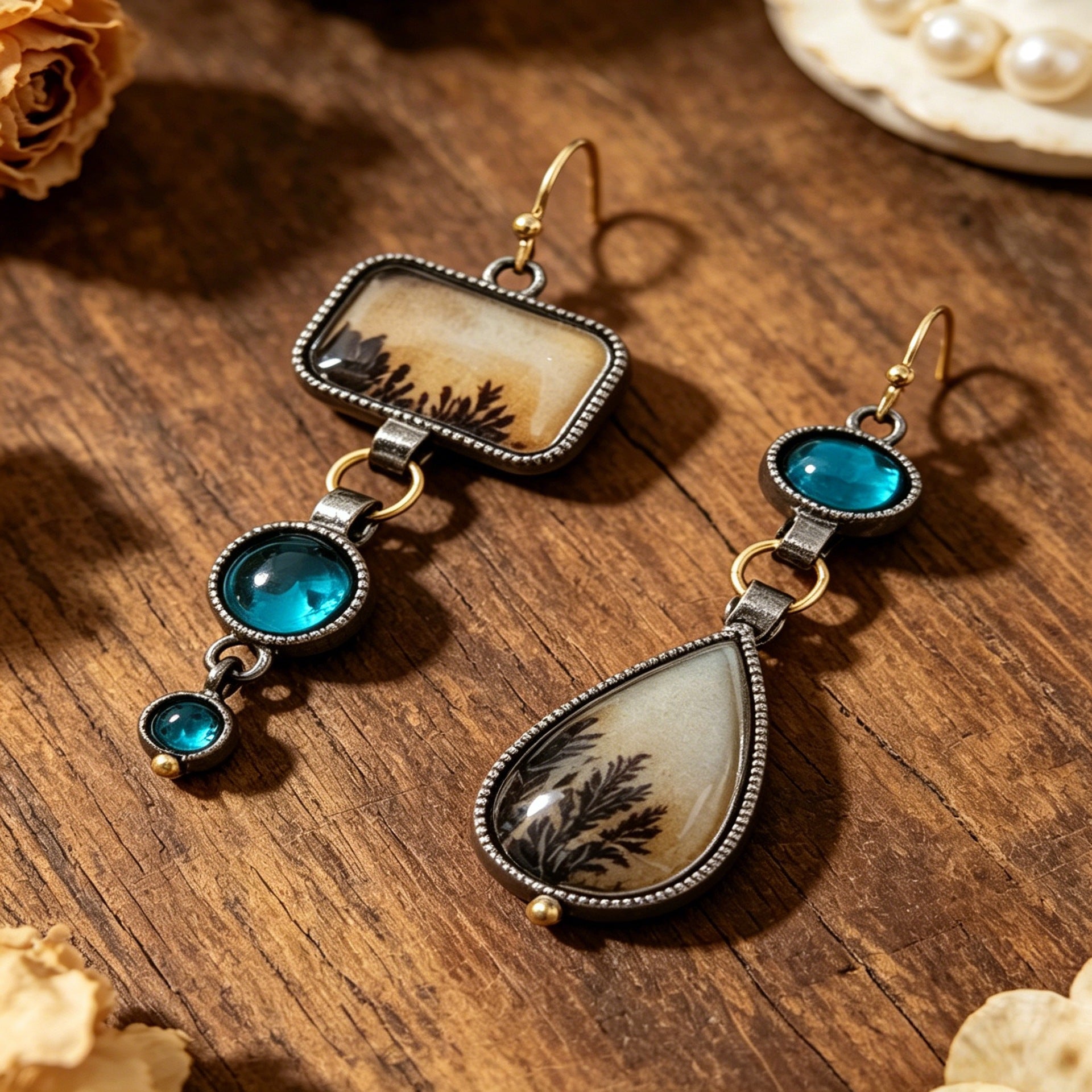 Wholesale Vintage Forest Plant Silhouette Asymmetric Earrings,  Crystal Spliced Alloy Distressed,  for Party Wear,  Fashion Accessory