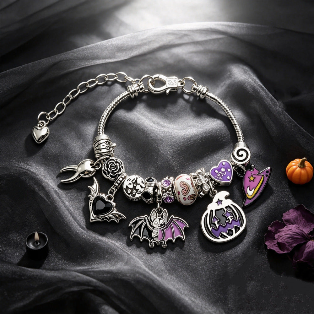 Wholesale Adjustable  Bead Bracelet With Pumpkin Bat Owl Skull Charms Vintage Zinc Alloy Unisex Jewelry Gift