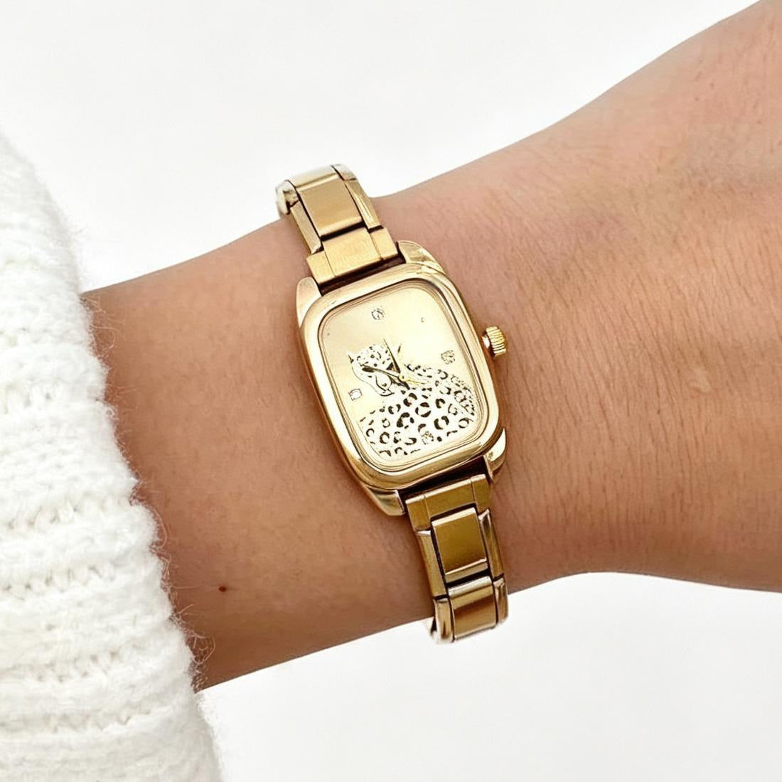 Wholesale Trendy Square Women S Leopard Print Rhinestone Quartz Bracelet Watch Gold Silver Options Everyday Wear