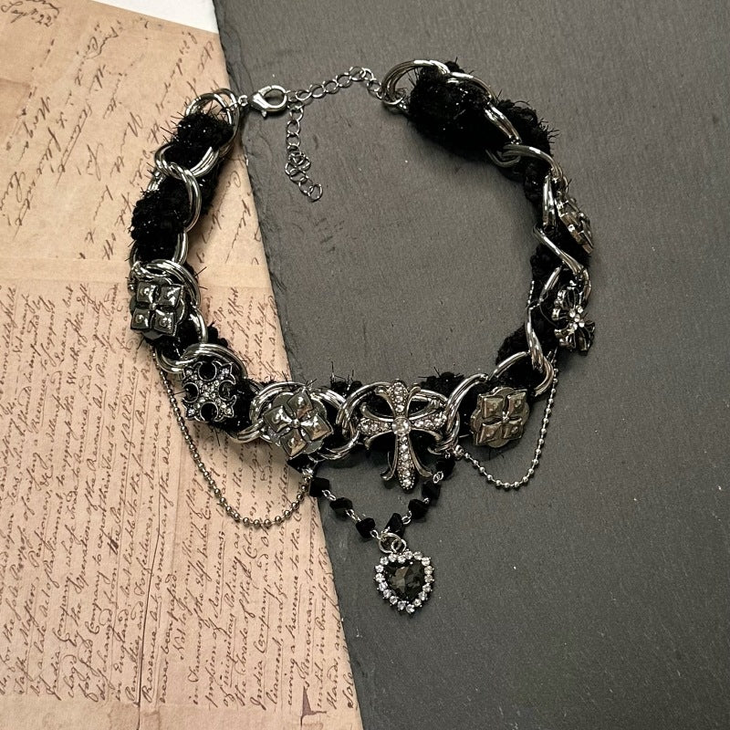 Wholesale Retro Plush Wool Stitching Cross Love Necklace