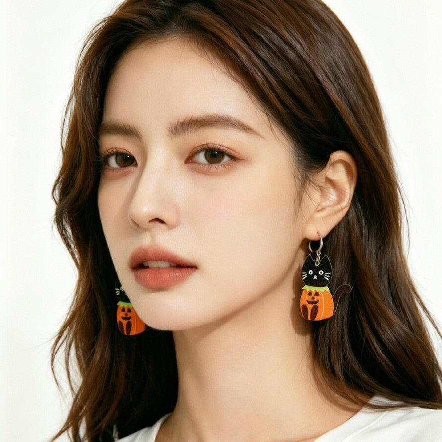 Wholesale  Acrylic Earrings Double-Sided Printed Ghost Cat Pumpkin Drop Earrings Party Gift