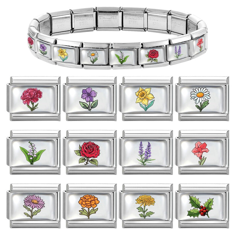 Wholesale Stainless Steel Electroplated DIY Bracelet Charm Month Flower Module for Everyday Wear Jewelry Accessory