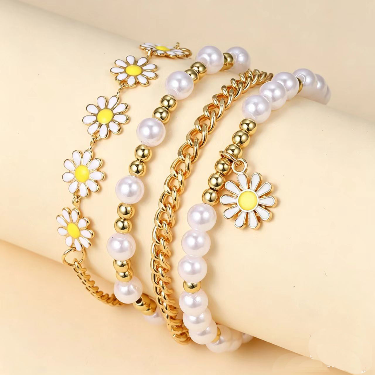 Wholesale Bohemian Beach Bracelet Set 4-Piece Handmade Gold Bead Pearl Fashion Accessory for Everyday Wear Boutique Resale