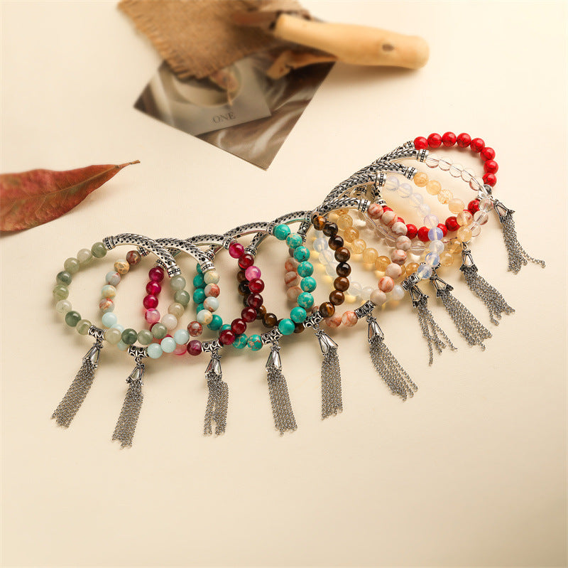 Wholesale Retro Chic Antique Silver Tone Stone Bead Bracelet With Tassel Pendant Heart Shaped 16 Beads Unisex Wedding Gift Fashion Accessory
