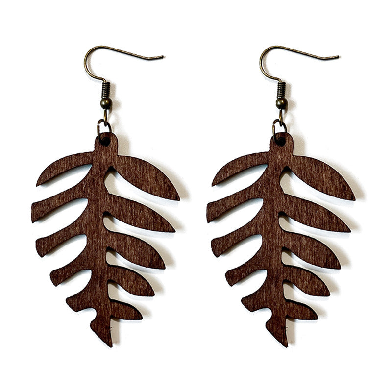 Wholesale  wooden earrings hollow cutting retro leaf shape earrings