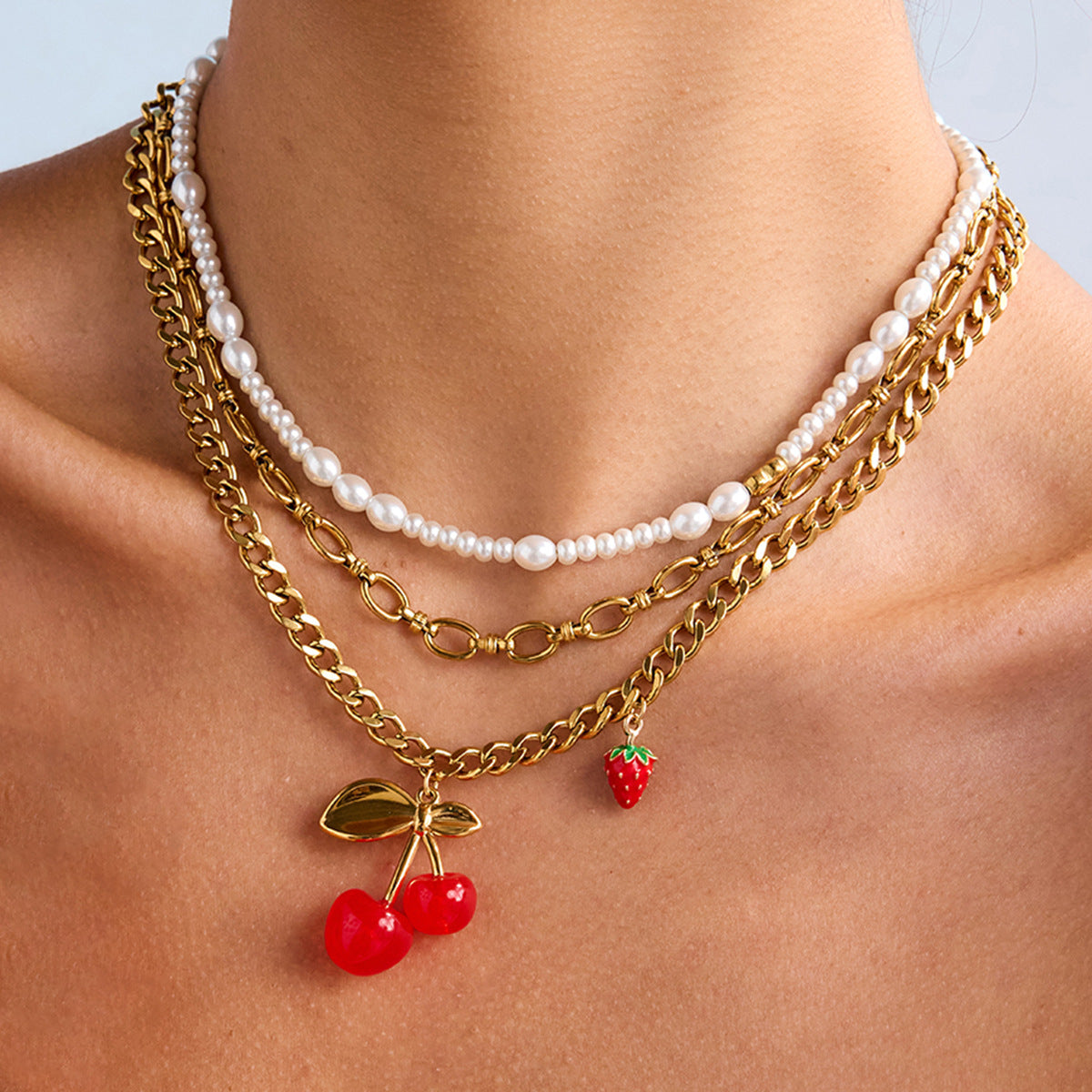 Wholesale 18K Gold Stainless Steel Cherry Strawberry Necklace