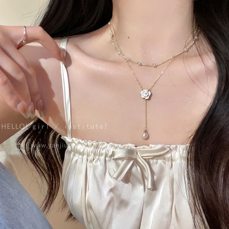Wholesale Camellia Double-layer Pearl Choker Necklace