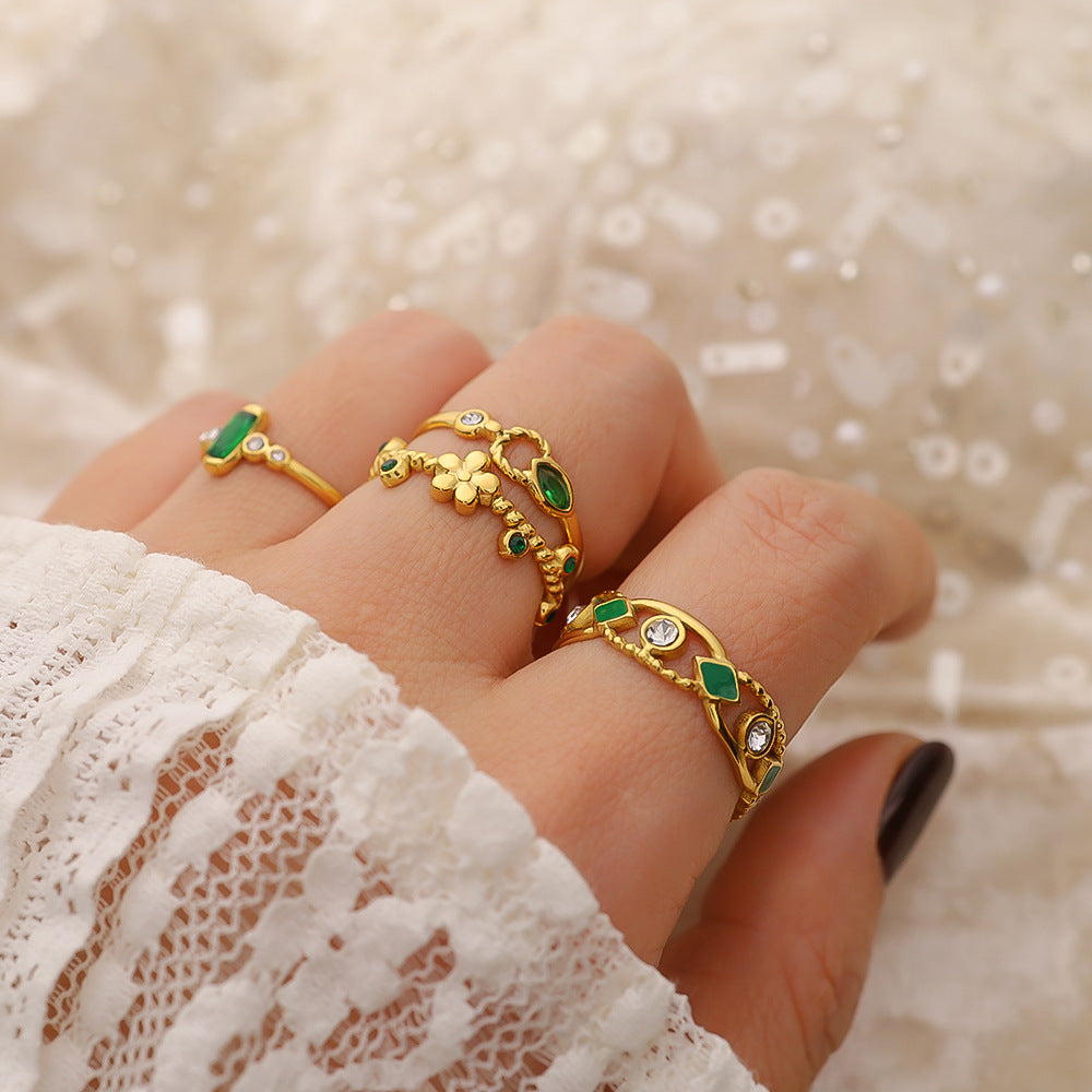 Wholesale Emerald Zircon Titanium Steel Open Colored Gemstone Ring Flower Ring ACC-RS-Yachan002