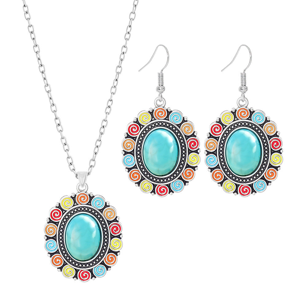 Wholesale Vintage Ethnic Turquoise Necklace Earrings Set Zinc Alloy Jewelry Accessory