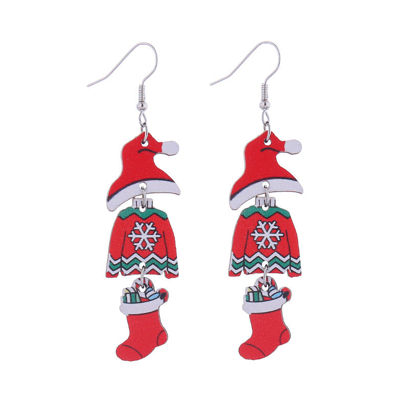 Wholesale Christmas tree hat bell snowman wooden long earrings