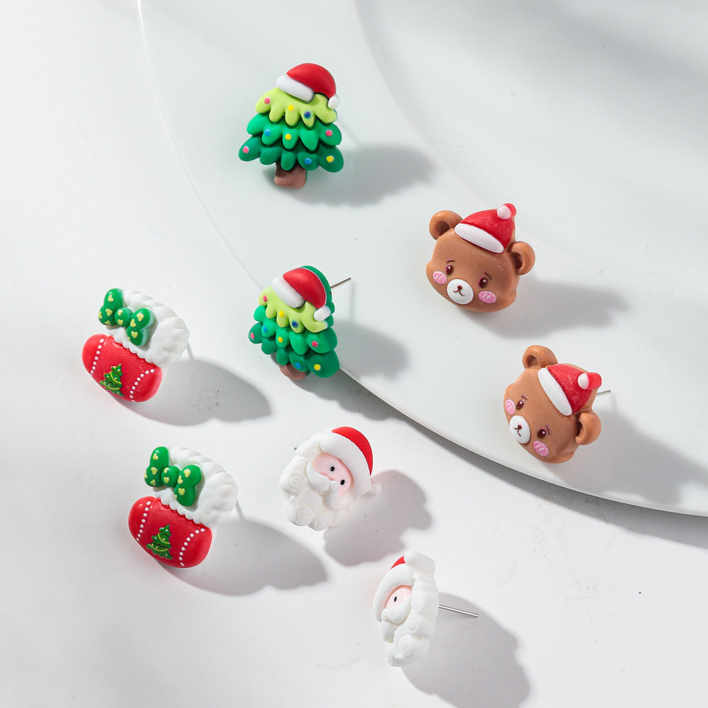 Wholesale Plastic Resin Cartoon Bear Christmas Tree Earrings Sweet Girl Fashion Accessory