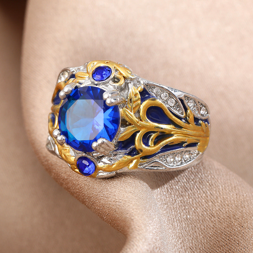 Wholesale Zinc Alloy Electroplated Retro Inlaid Sapphire Ring Jewelry Accessory