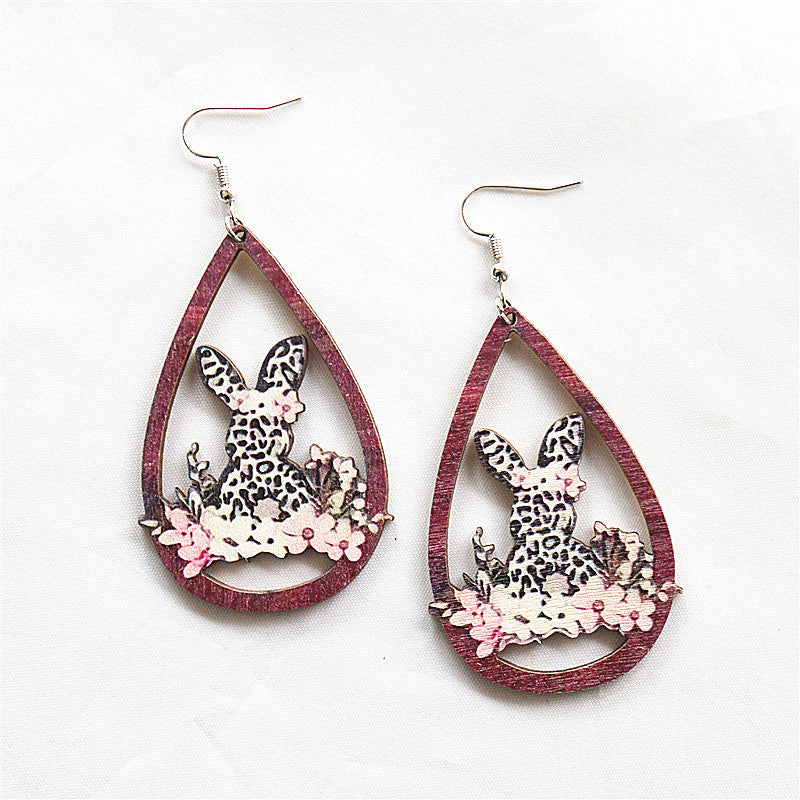 Wholesale Easter Painted Leopard Print Water Drop Hollow Wooden Earrings