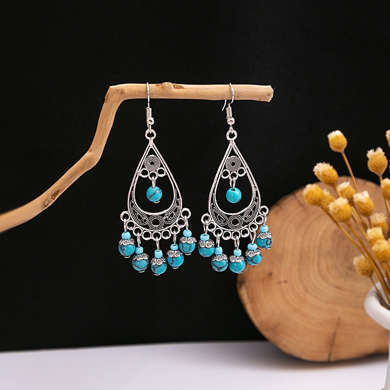 Wholesale Retro Ethnic Style Blue Turquoise Hollow Ring Flower Tassel Earrings Jewelry Accessory